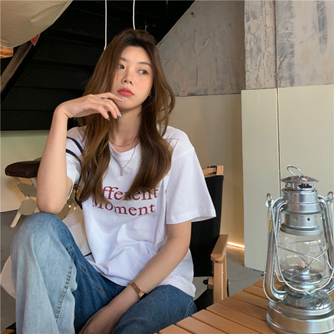 Summer new Korean fashion round neck short sleeve versatile foreign style letter printed Pullover Top Women