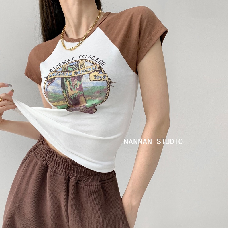 American Spice Girls retro color contrast stitching short sleeve T-shirt women's summer slim cowboy boots print slim round neck top