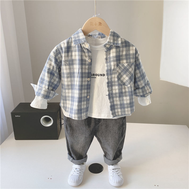 Boys' Blue Plaid long sleeve shirt 2022 autumn new spring and autumn children's shirt children's fashion baby coat