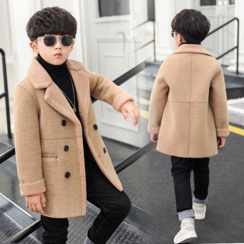 2022 autumn and winter new boys' fur one-piece western style coat children's woolen coat big boy Plush thickening trend