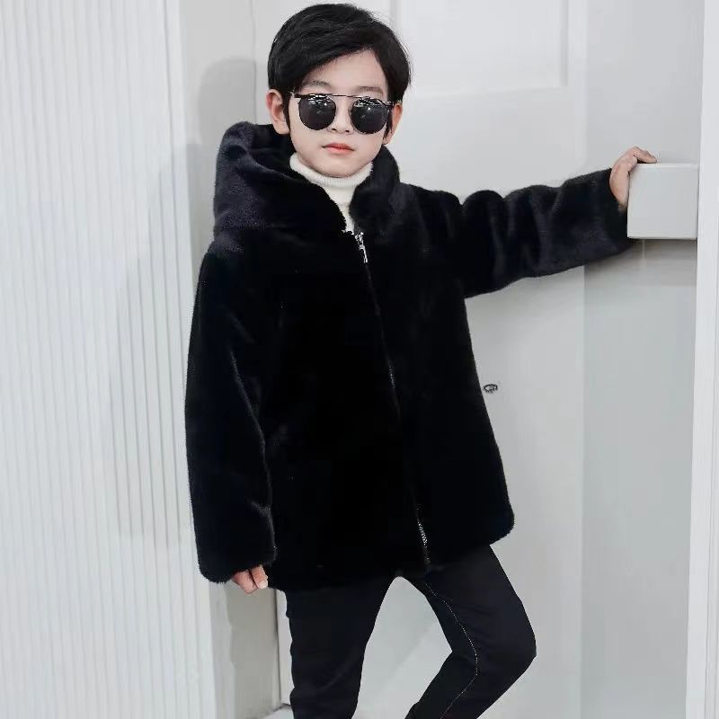 Boys' fur coat medium long new winter thickened children's imitation mink coat Plush warm cotton coat