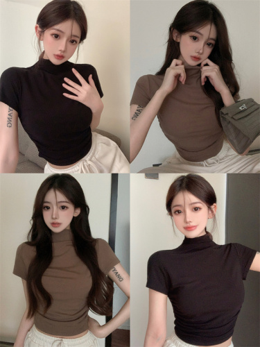 Real shot real price half high collar Korean Short T-shirt women's summer thin design slim fit lazy drooping Spicy Girl Top