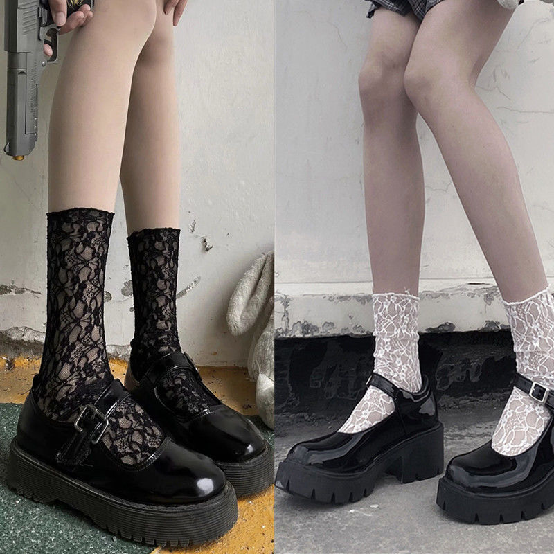 Medium tube socks lace pile socks JK Socks White Black spring summer thin socks Japanese Mary Jane shoes socks