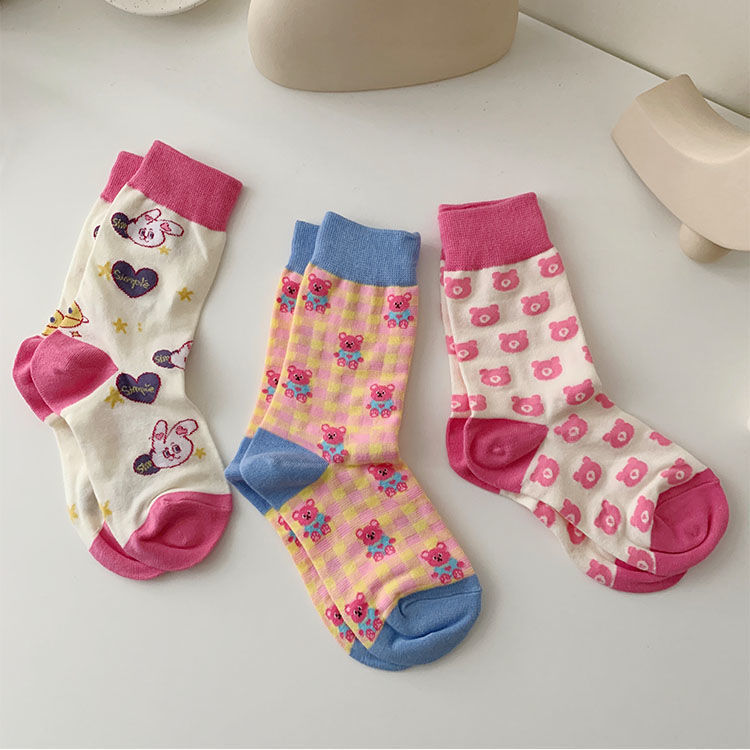 Korean breathable summer fashion socks Pink Bear cute girl middle tube ins versatile cartoon pink socks children