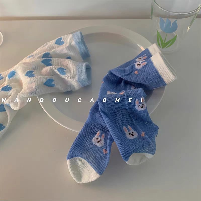 Socks children summer thin cute blue girl middle stockings Japanese sweet hollow mesh breathable women's socks