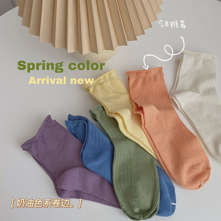 Socks children cream stripe curling socks candy color ins Japanese solid color simple versatile medium tube socks Student Korean version