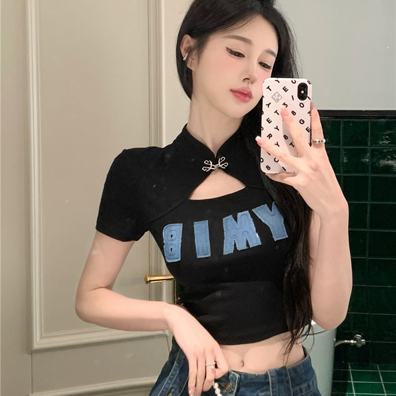 #/Liejia Chinese improved cheongsam T-shirt female summer hottie hollow short-sleeved top