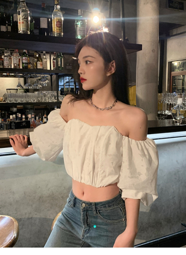 Pure desire style summer new jacquard bra straight neck bubble sleeve off shoulder sexy sweet spice girl short top female student