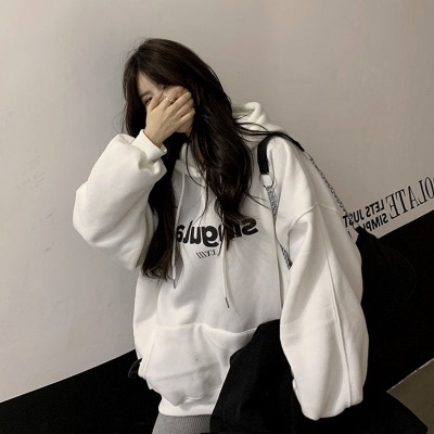  new Hoodie women's Plush thickened autumn winter loose Korean BF lazy white top ins fashion