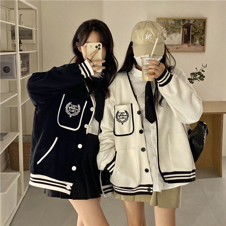 Black and white loose college style bomber cute casual sweater cardigan girl spring and autumn middle school student jacket