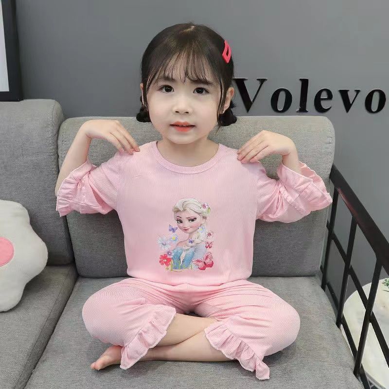 Princess Aisha girls' pyjamas summer thin suit medium sleeve Capri pants new children's cartoon home clothes