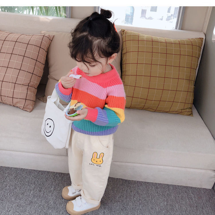 Girls sweater 2022 new cute rainbow clip children baby baby girl foreign style knitted sweater top