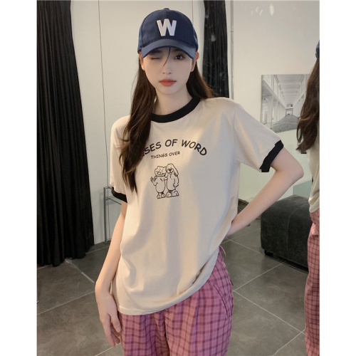 Real shot wrap collar cotton Korean short-sleeved T-shirt women