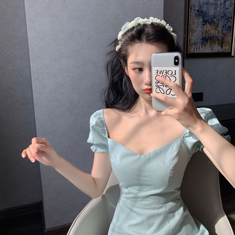 Mint green French square neckline simple waist slimming elegant puff sleeve A-line dress small dress female