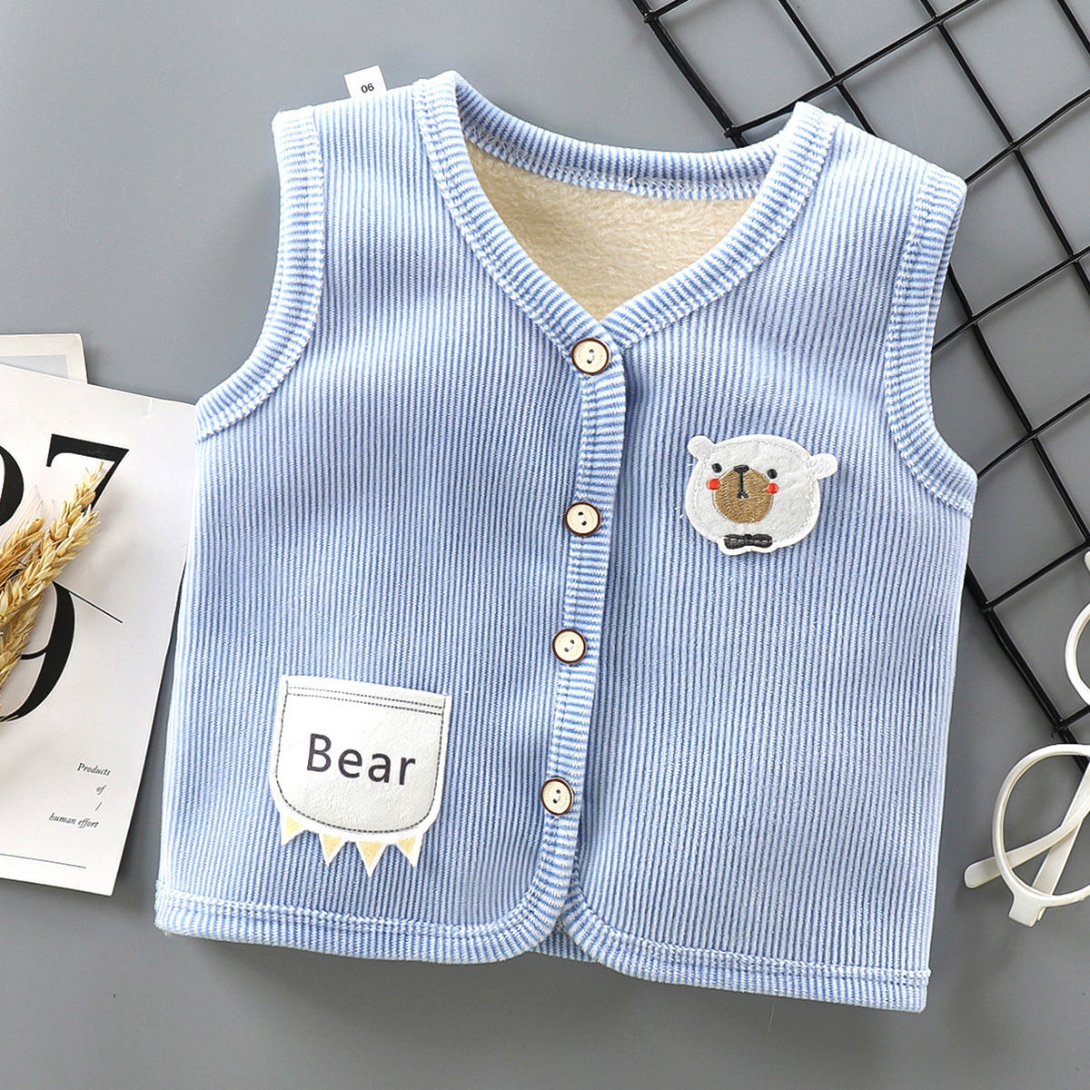 Children's warm cardigan vest boys comfortable vest girls autumn and winter plus velvet bottoming shirt baby vest inside the tide