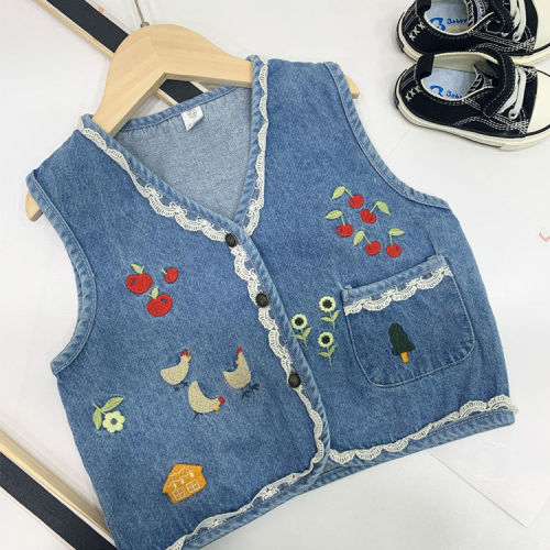 Girls' denim vest embroidered autumn 2022 spring and autumn clothes girls all-match waistcoat baby vest jacket trendy