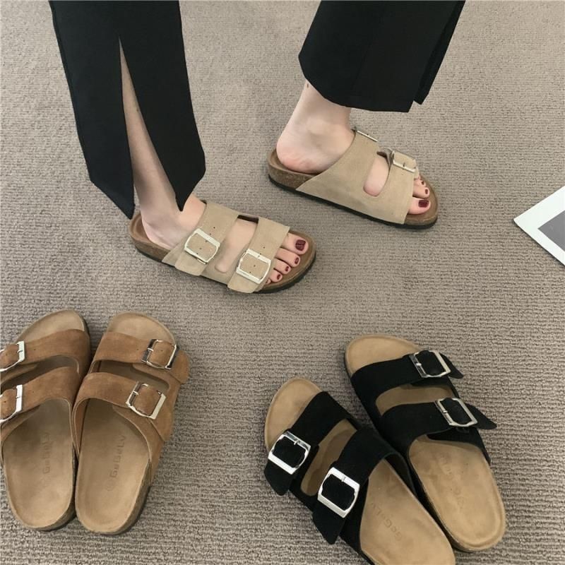 Guoluofei fashion suede sandals and slippers women wear one word cork slippers men and women large size couple beach shoes in summer tide