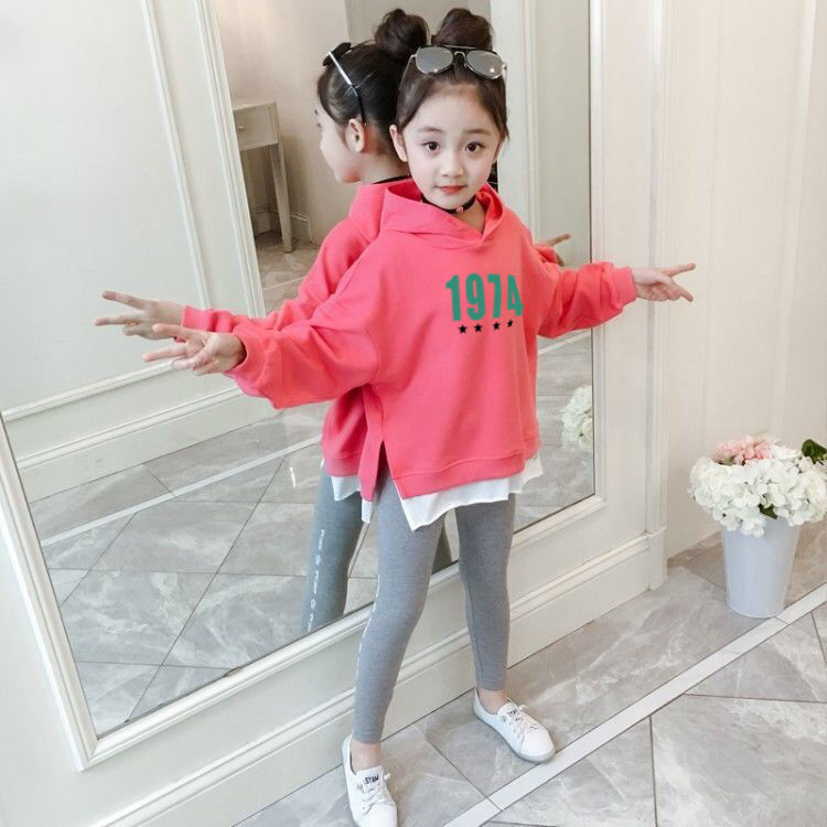 Sweater girls 2022 new spring and autumn children's clothing foreign style long-sleeved sweater fake two pieces of medium and large children's casual clothes with cotton
