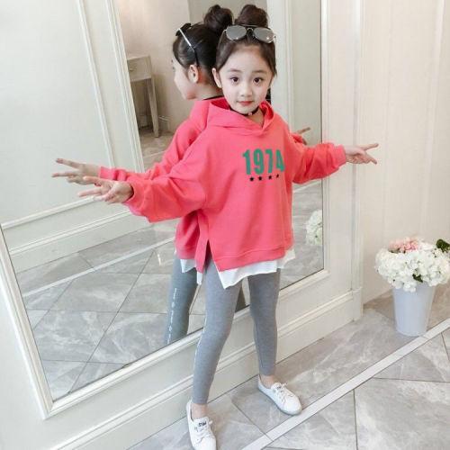 Sweater girls  new spring and autumn children's clothing foreign style long-sleeved sweater fake two pieces of medium and large children's casual clothes with cotton