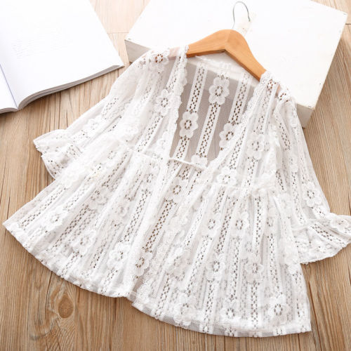 Spring and summer girls lace trumpet sleeve sunscreen clothes baby air conditioner cardigan children's mid-length shawl thin coat