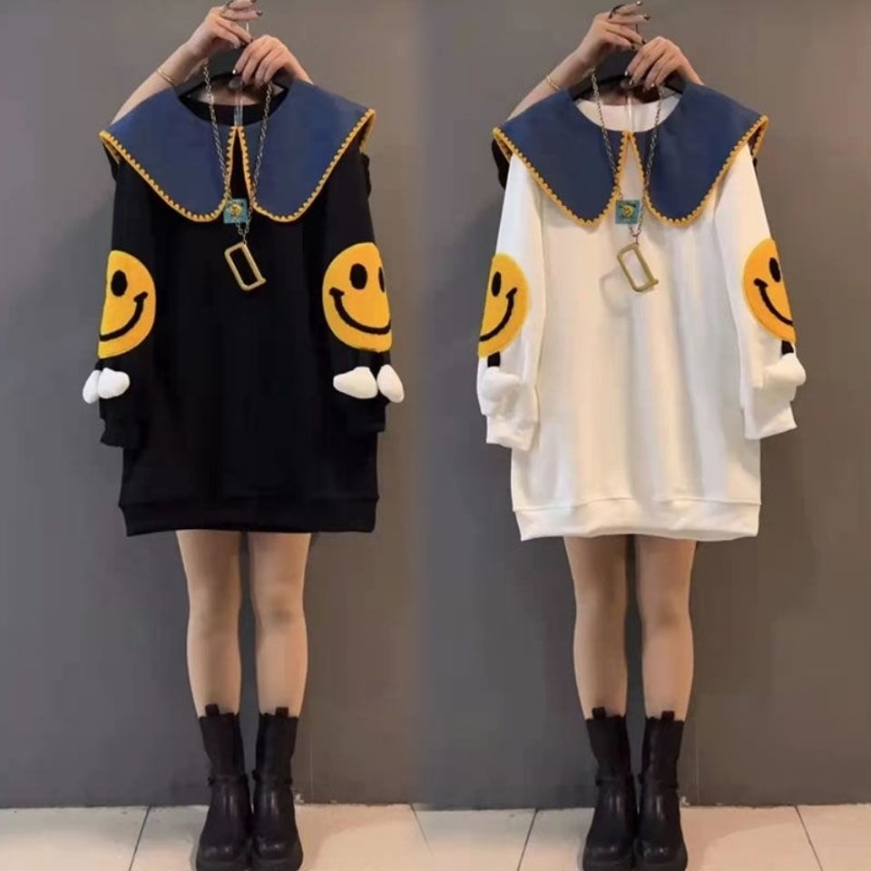 Girls' spring and autumn latest doll collar sweater 2022 middle-aged children's Korean version loose medium-length long-sleeved parent-child wear