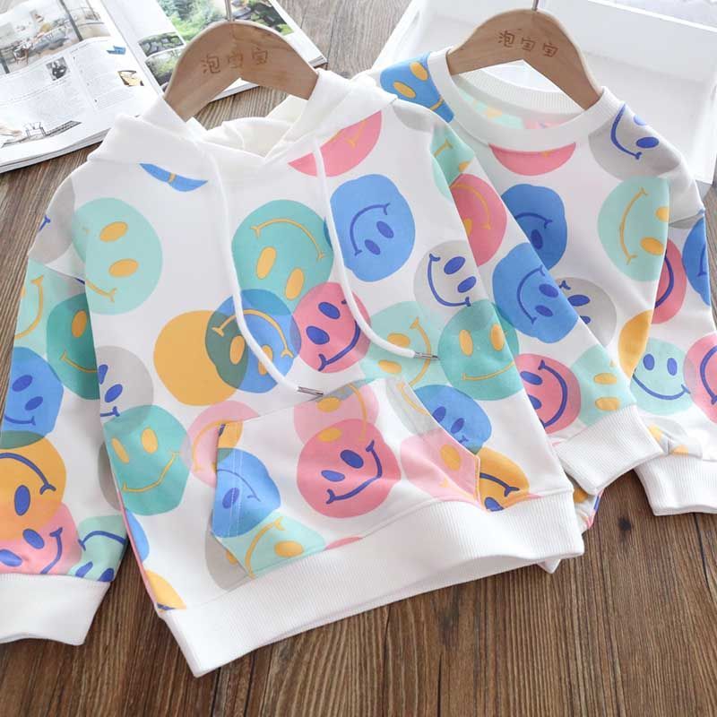 Girls spring and autumn 2022 new children's hooded casual smiley pattern sweater Korean version small and medium children's pullover top