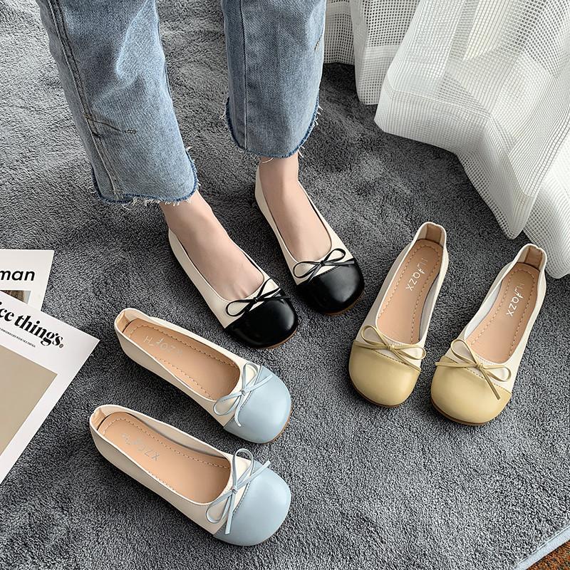 Bow knot shoes women's 2021 summer new all-match French flat-bottomed round toe with skirt Peas shoes grandma shoes