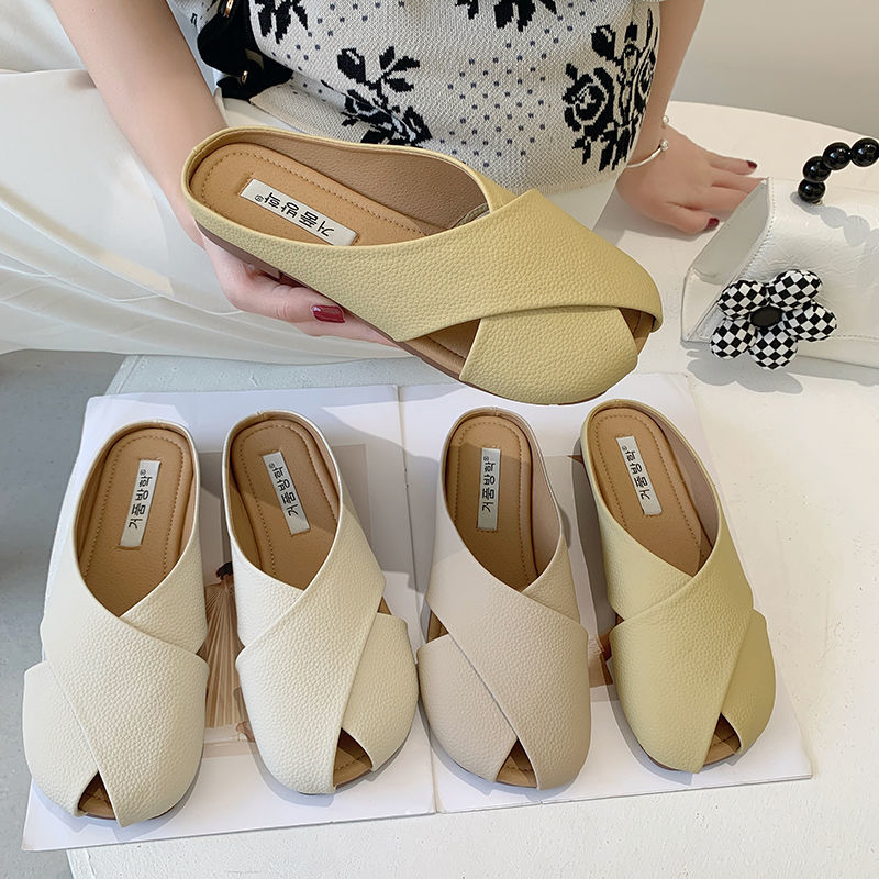 Real soft leather Baotou half slippers women's outer wear 22 spring, autumn and summer new Muller lazy pregnant women flat small leather shoes half support