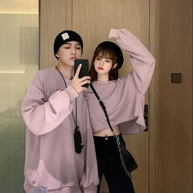 Autumn Korean version 2021 new couples wear loose and nifty short letter print capless long-sleeved sweater women's top