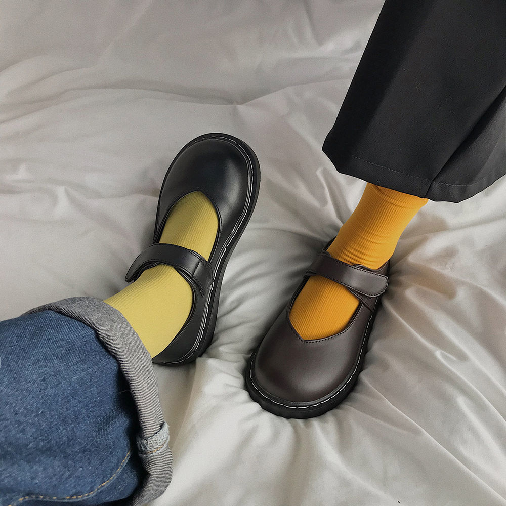 Soft leather small leather shoes female Japanese round head students wild Velcro flat bottom college wind JK shoes doll big head shoes
