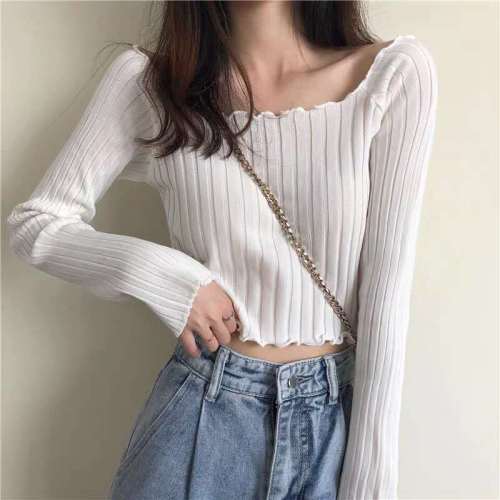 Black fungus edge one-shoulder knitted thin long-sleeved t-shirt women's summer new Korean version loose and thin short top