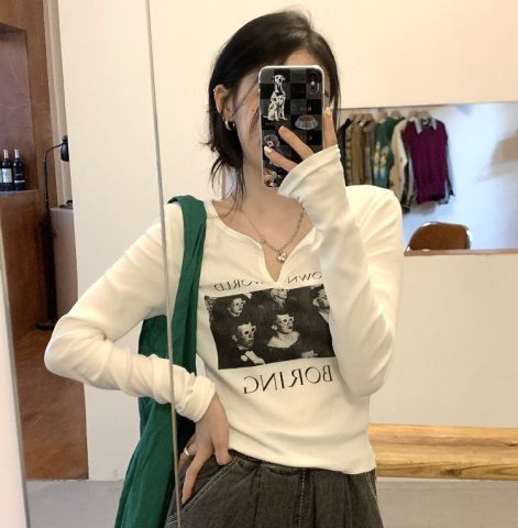 Rice wool 2022 new all-match thin printed V-neck long-sleeved T-shirt