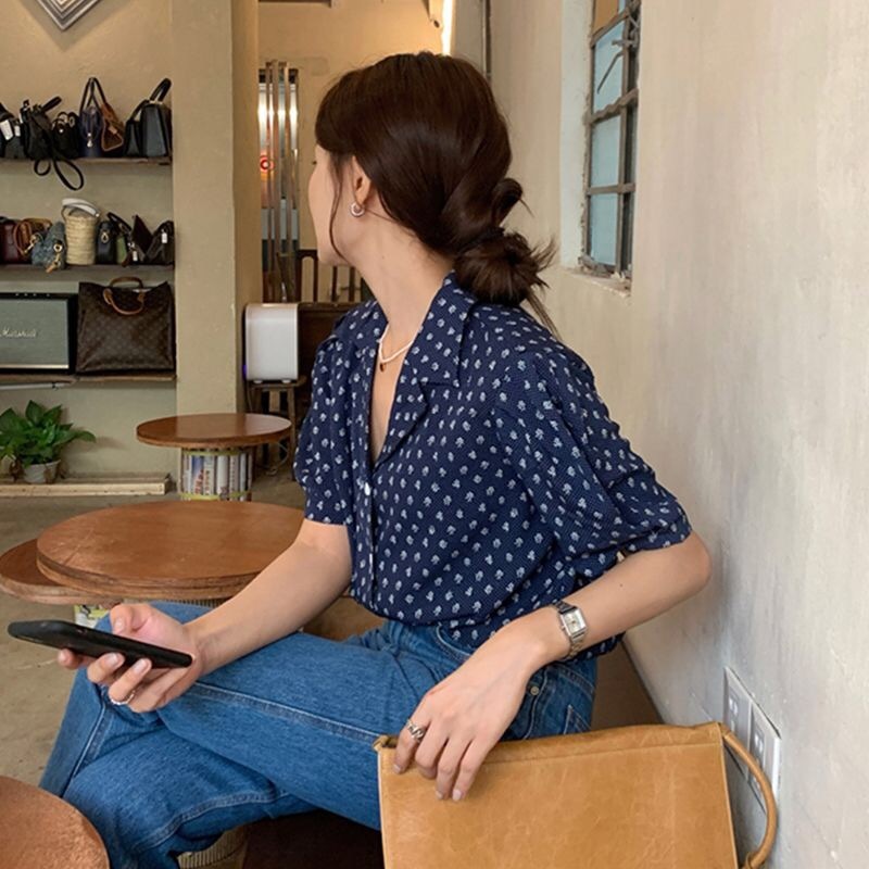 2022 new summer thin section high-end French polka dot Peter Pan collar bubble short-sleeved sweet shirt top women