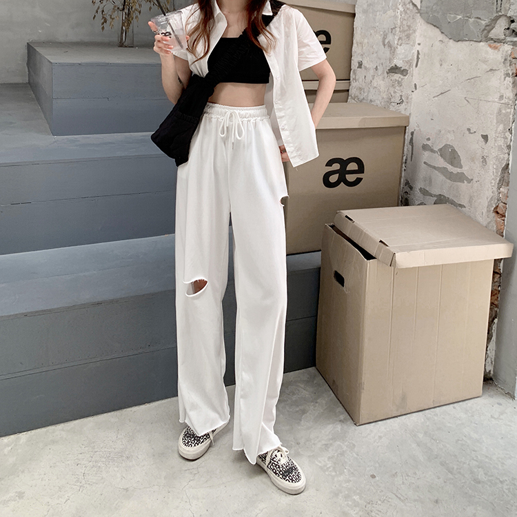 2022 fried street ripped pants summer new Korean version high waist slim casual pants net red wide leg pants trousers ins women