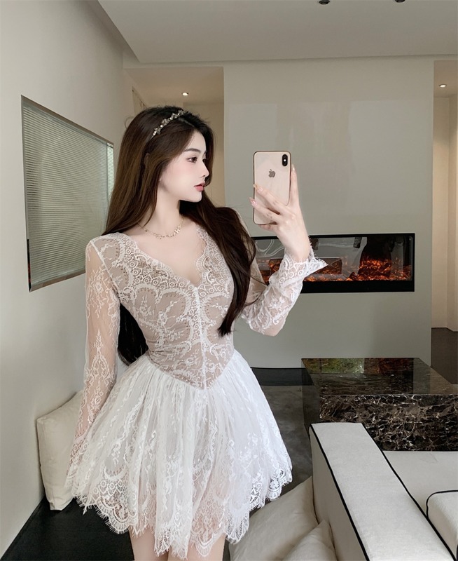 Net price real shot pure desire wind lace long-sleeved v-neck high waist tutu dress