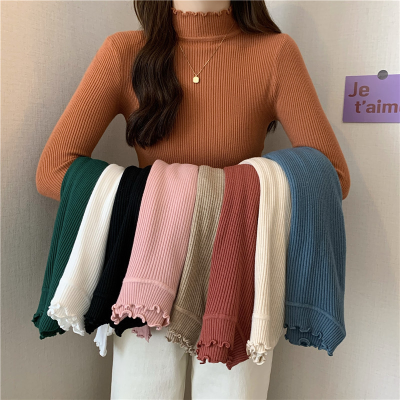 Real shot black bottoming sweater women's early autumn new ruffled half-high collar long-sleeved inner top