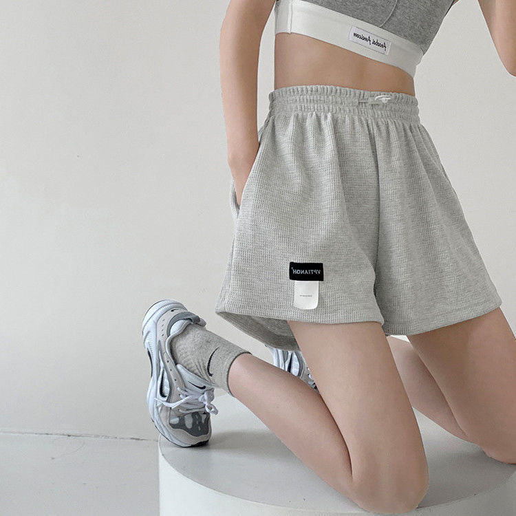 Waffle loose sports shorts children's summer elastic waist wide-leg pants casual high waist straight five-point pants