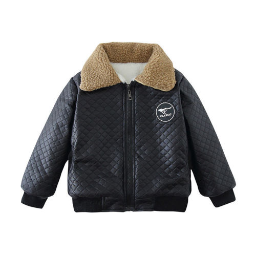Children's leather jacket 2022 autumn and winter new baby plus velvet quilted wool collar top children's thick warm tide