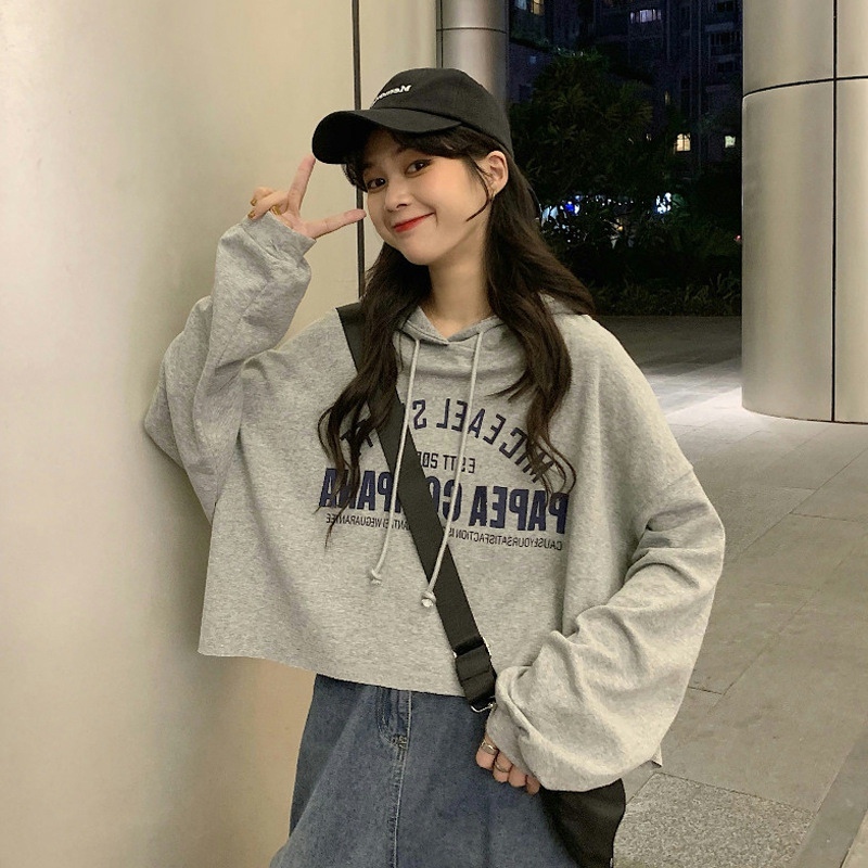 Thin sweater women's autumn new Korean version student short top hooded jacket ins tide