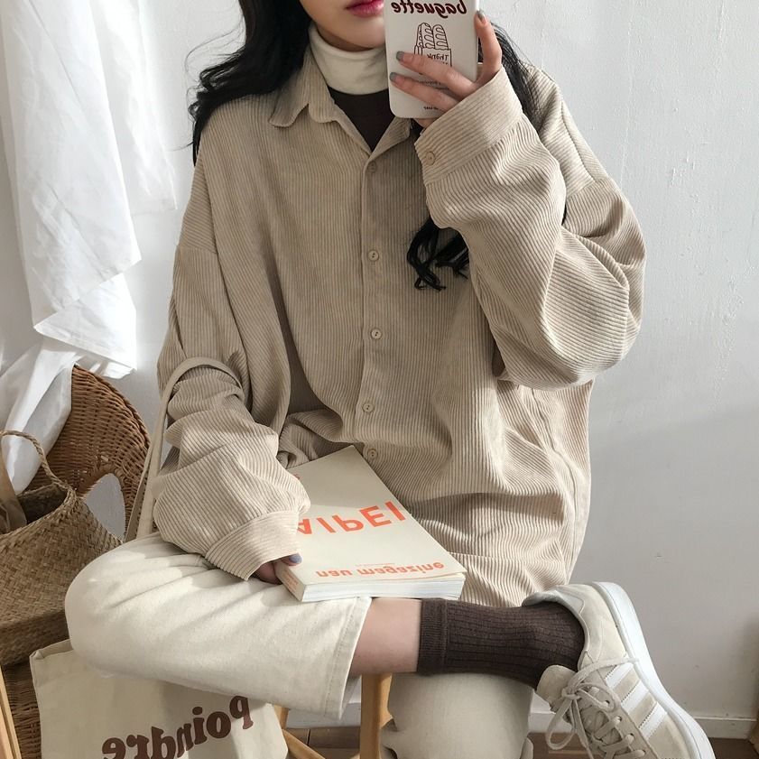 Corduroy jacket long-sleeved autumn Japanese ulzzang fans ghost horse girl lazy 2022 loose shirt women