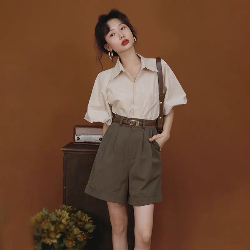 One piece/suit summer French niche lantern sleeve loose shirt + suit high waist wide leg shorts two-piece set for women