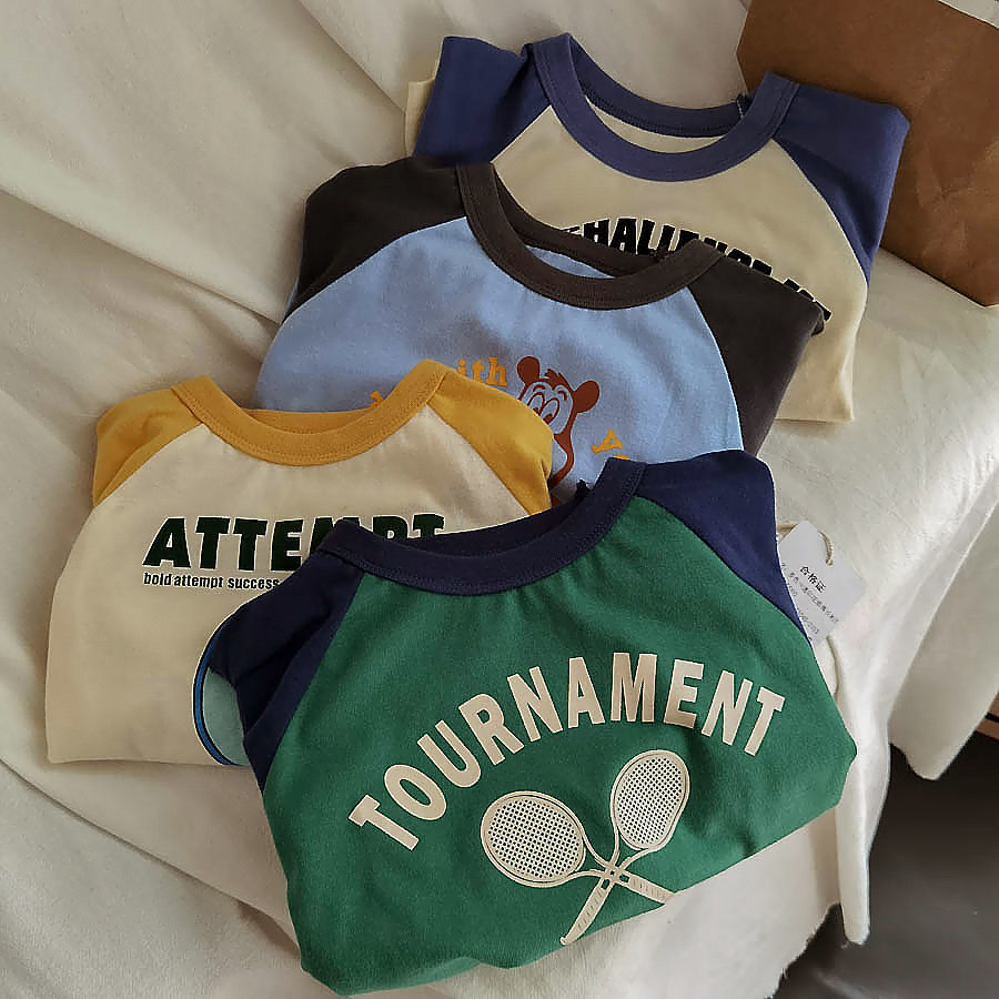 Giant soft and waxy combed elastic cotton boy raglan long-sleeved T-shirt 2022 spring and autumn baby cartoon top bottoming shirt
