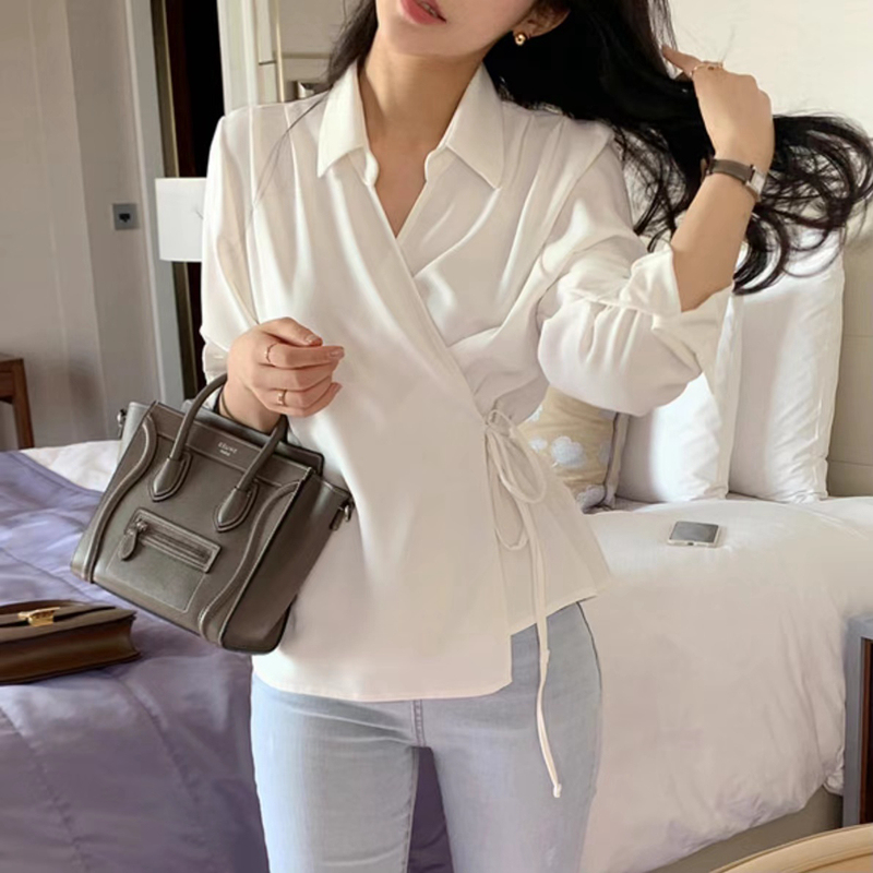 Korean chic elegant lapel tie waist design long-sleeved shirt
