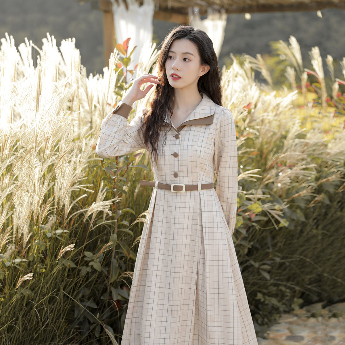College style retro niche design plaid dress female spring new gentle wind waist slim dress female