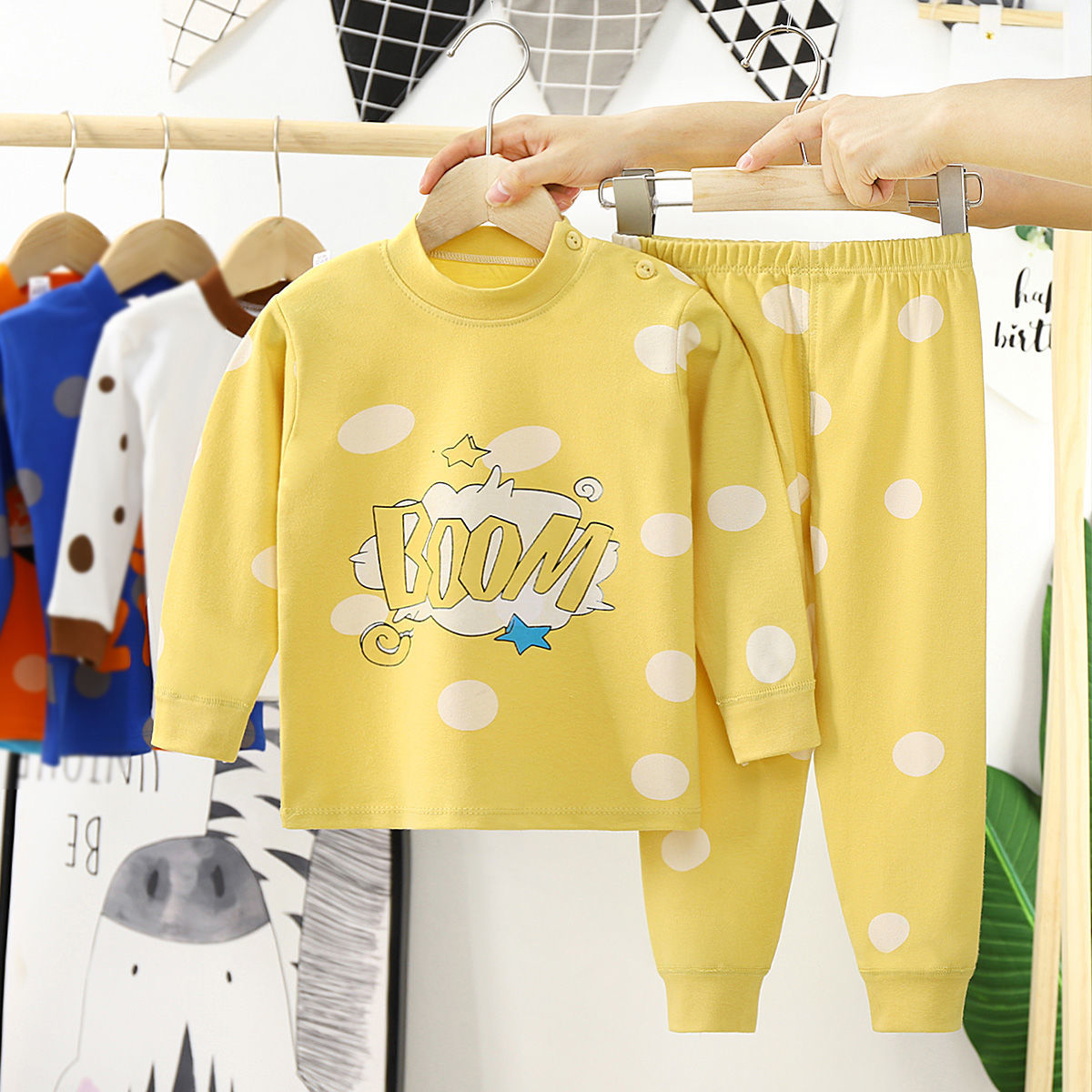 Children's cotton spring and autumn underwear suit boys and girls autumn clothes long pants middle and large children's winter bottoming pajamas baby clothes