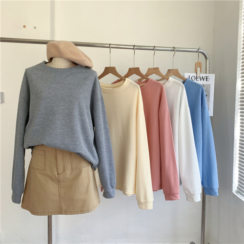 Real shot waffle 2022 early autumn Korean version of the new solid color loose all-match round neck pullover long-sleeved sweater women