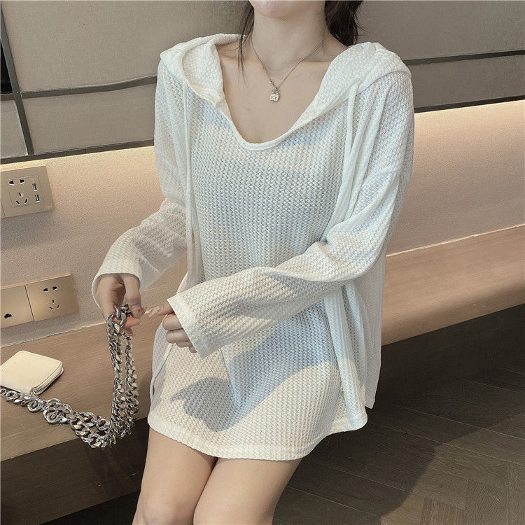 Waffle Spring and Autumn 2022 New Loose Lazy Wind Thin Jacket Hooded Pullover Women's Sweater Long Sleeve Top Trendy