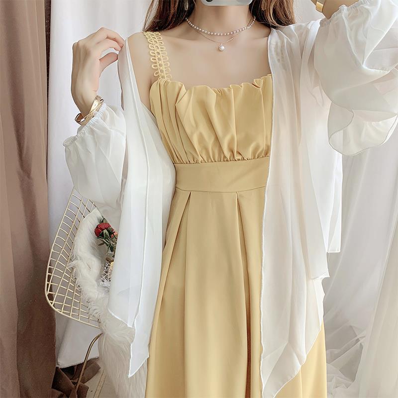 White chiffon shirt, long-sleeved sunscreen, suspender skirt, lady's dress, fashionable western style, age-reducing two-piece suit skirt