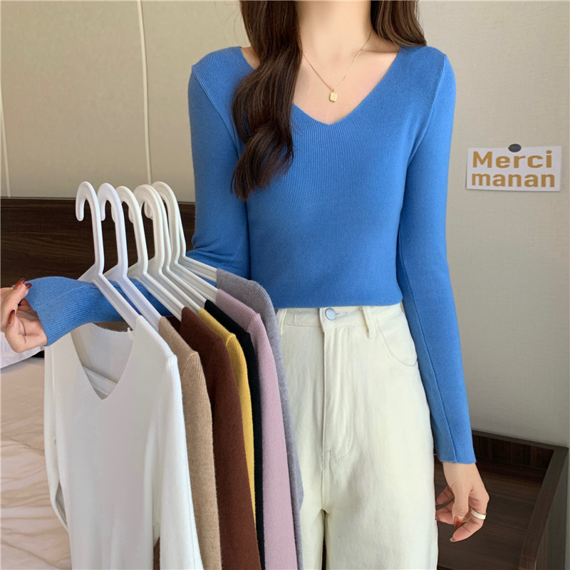 Real shot V-neck sweater spring, autumn and winter bottoming shirt women's slim solid color sweater long-sleeved inner top