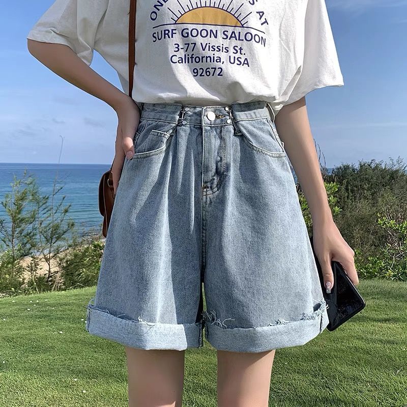 High waist denim shorts women's five-point pants 2022 summer new loose and thin wide-leg a-line student hot pants tide ins